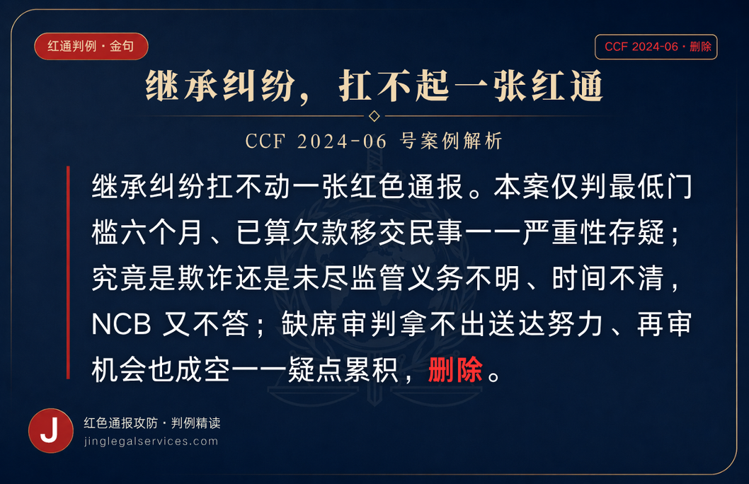 CCF 2024-06 号案金句卡。仅判最低门槛六个月、近欠款移交民事，欺诈与否不明、NCB不答，缺席无送达努力、再审成空，删除。