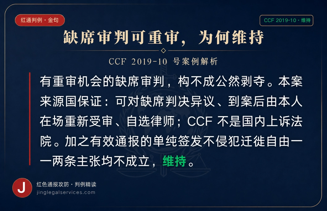 缺席审判可重审,为何维持|CCF 2019-10 判例金句卡 CCF 2019-10 号案金句卡。来源国保证可异议、到案重新受审、自选律师,缺席审判不构成公然剥夺,通报签发不侵迁徙自由,维持。